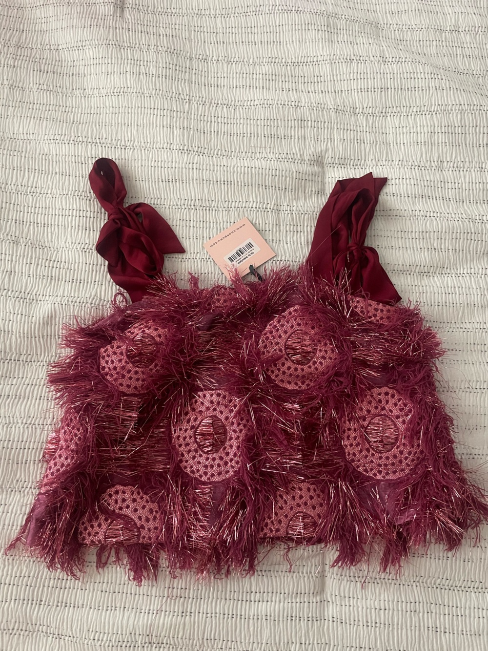 Pillar Embellished Magenta Party Top with Satin Tie Straps